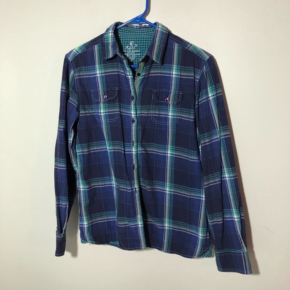 Kuhl blue green cotton plaid flannel shirt flip cuffs pearl snap womens M